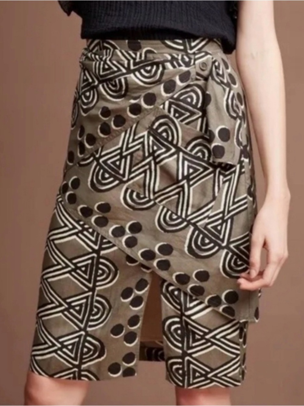 Maeve Edessa Geometric Patterned Faux Wrap Midi Grey Black Skirt Size 4